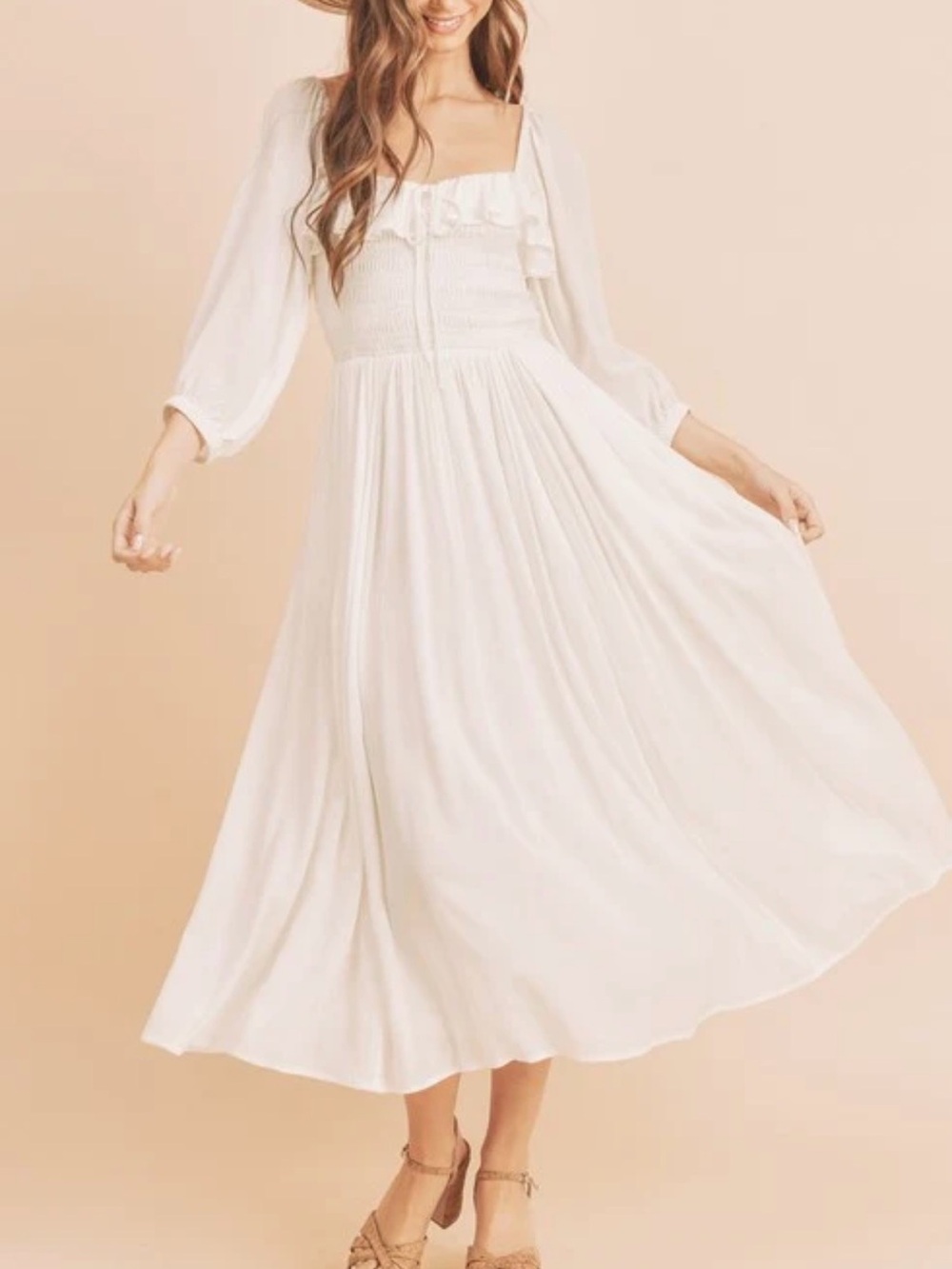 NWT AEMI+CO White Square-Neck Smocked Midi Dress
